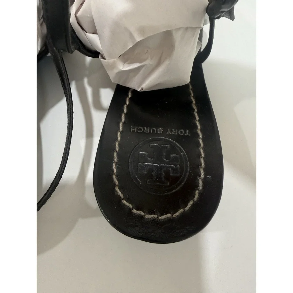 Tory Burch Gemini Black Leather Gold Chain T Link Strap Sandals Size 6.5